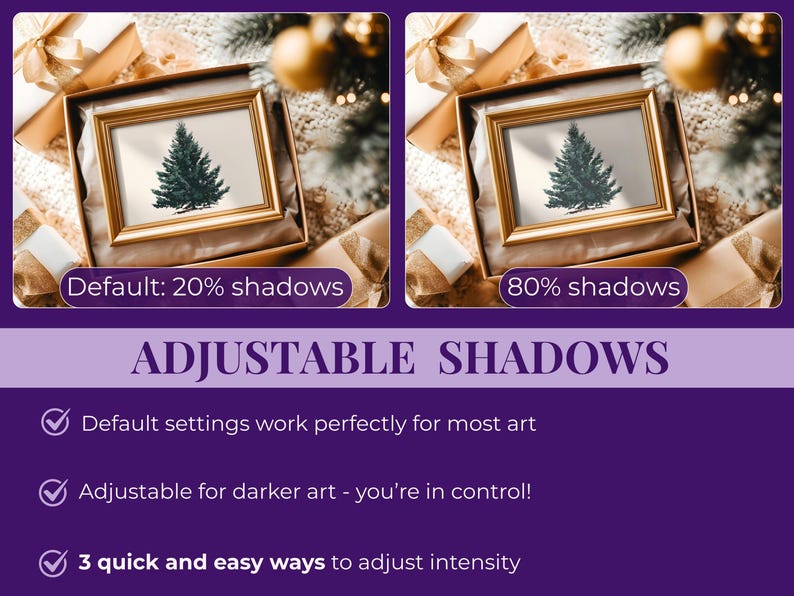 May include: Two framed art prints of a Christmas tree in a gift box. The text reads "Default: 20% shadows" and "80% shadows". Below, the text "ADJUSTABLE SHADOWS" is displayed, along with bullet points about the product's features.