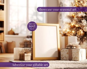 Neutral Christmas frame mockup vertical, Gold frame mock up gift under tree, Minimalist winter wall art mock-up PSD, 3:4 ratio poster