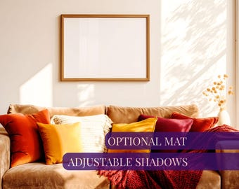 Frame mockup autumn horizontal living room, Fall wall art mock-up landscape with couch, 4:3 ratio PSD smart object poster mock up template