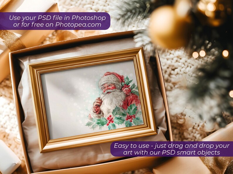 May include: A framed Christmas print featuring Santa Claus in a red suit and white beard, surrounded by holly. The gold frame sits in a gift box. Text on the image reads: "Use your PSD file in Photoshop or for free on Photopea.com" and "Easy to use - just drag and drop your art with our PSD smart objects."