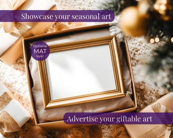 Gold frame Christmas poster mockup gift box, Neutral Christmas frame mockup horizontal, Minimalist winter wall art mock-up PSD, 4:3 ratio