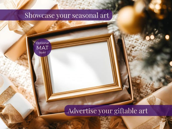 Gold frame Christmas poster mockup gift box, Neutral Christmas frame mockup horizontal, Minimalist winter wall art mock-up PSD, 4:3 ratio