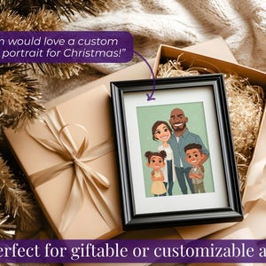 May include: A framed family portrait with a black frame, featuring a family of four with a light green background. The image is presented as a gift, with a wrapped box and text that reads "Mom would love a custom family portrait for Christmas!"
