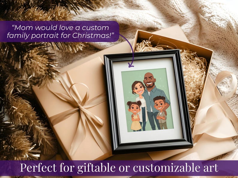 May include: A framed family portrait with a black frame, featuring a family of four with a light green background. The image is presented as a gift, with a wrapped box and text that reads "Mom would love a custom family portrait for Christmas!"