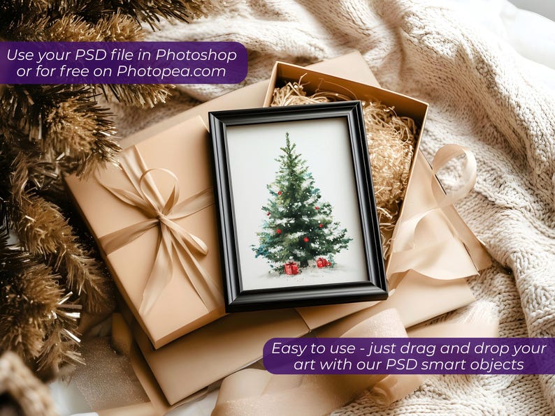 May include: A framed watercolor print of a Christmas tree with red gift boxes, set inside a gift box with decorative ribbon. The image is surrounded by gift boxes and festive decorations. Text on the image reads: Use your PSD file in Photoshop or for free on Photopea.com and Easy to use - just drag and drop your art with our PSD smart objects.