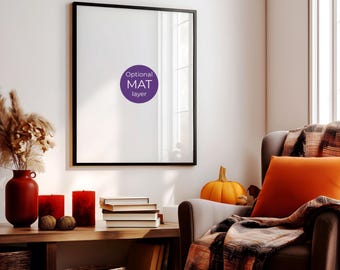Fall frame mockup vertical office with armchair, PSD wall art mock-up autumn portrait bookish, 3:4 ratio Poster mock up template book nook