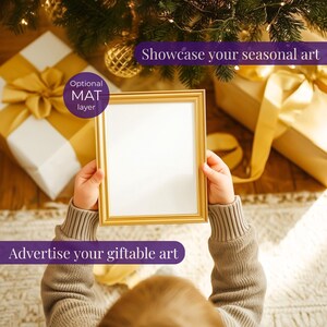 Christmas frame mockup gift with kid, Wall art mock up with person, Vertical poster mock-up PSD, Christmas morning with child, 3:4 ratio