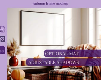 Fall frame mockup landscape with armchair, Wall art mock-up autumn horizontal bookish, Poster mock up reading corner, 4:3 ratio PSD template