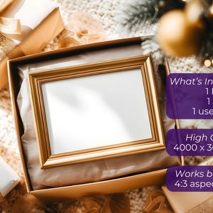 May include: A gold-framed rectangular picture frame rests inside a gold box, surrounded by wrapped gifts with gold ribbons. The frame has a white interior. The image includes text that says "What's Included: 1 PSD file, 1 JPG file, 1 user guide".