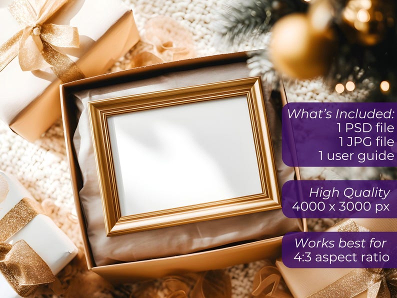 May include: A gold-framed rectangular picture frame rests inside a gold box, surrounded by wrapped gifts with gold ribbons. The frame has a white interior. The image includes text that says "What's Included: 1 PSD file, 1 JPG file, 1 user guide".