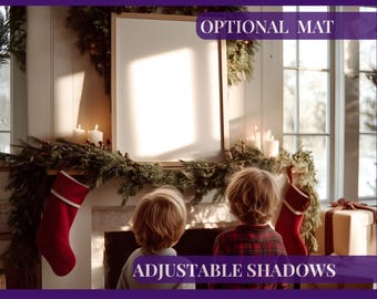 Christmas mantle frame mockup with kids, Winter wall art mock-up with people, Vertical poster mock up PSD, Art display template, 3:4 ratio