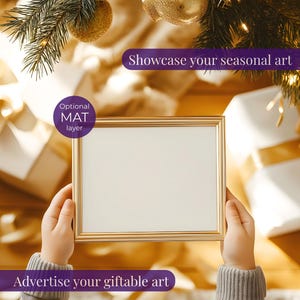 Christmas frame mockup gift with kid, Wall art mock up with person, Horizontal poster mock-up PSD, Christmas morning scene, 4:3 ratio