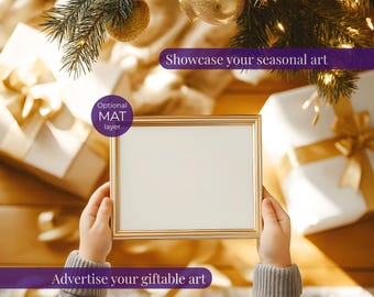 Christmas frame mockup gift with kid, Wall art mock up with person, Horizontal poster mock-up PSD, Christmas morning scene, 4:3 ratio