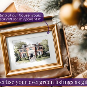 May include: A framed watercolor painting of a house in a gold frame, presented in a gift box. The image includes the text: "A painting of our house would be a great gift for my parents!" and "Advertise your evergreen listings as gifts."