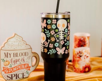 Blooms and Bones 40oz Tumbler with Handle | Gothic Cup with Lid | Insulated Travel Mug