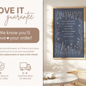 May include: A rectangular framed wall art piece featuring a dark blue background with white line-art floral borders and centred text that reads: YOUR CUSTOM QUOTE, POEM, VERSE OR LYRICS WILL GO HERE PERFECT FOR A GIFT OR A MEMORABLE KEEPSAKE.