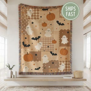 Vintage Halloween Woven Blanket, Cute Ghost Pumpkin Bat Throw, Rustic Fall Quilt Patchwork Decor, Spooky Season Gift Q454_2