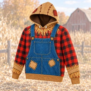 May include: A hooded sweatshirt featuring a red and black buffalo check pattern, layered with a blue denim overall design. The hood and cuffs display tan straw-like textures, while the denim section includes patches and brass-coloured buttons.