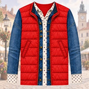 May include: A long-sleeve jacket featuring a red quilted puffer vest front, blue denim sleeves, and a white button-down shirt layer underneath with a small dark circular pattern. The jacket includes a front zipper, brass-colored buttons, and cuffs.