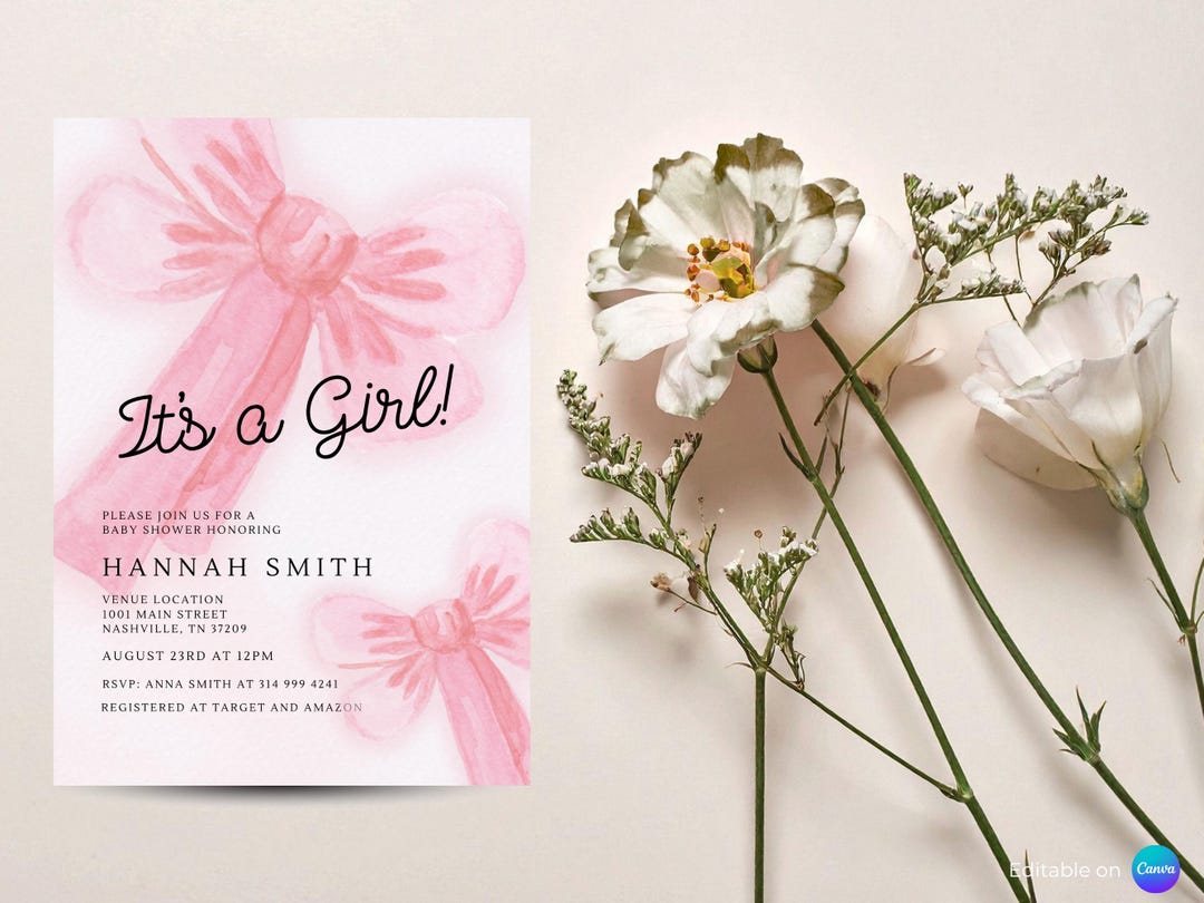 Pink Bow Baby Girl Baby Shower Invitation With Thank You Card ...