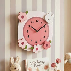 Pink Rabbit Floral Wall Clock, Silent Nursery Decor, Luminous Bunny Clock