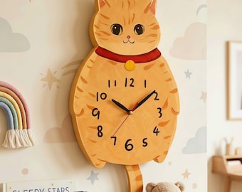 Ginger Tabby Cat Wall Clock – Wagging Tail, Silent Movement, Glowing Option