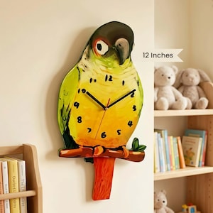 May include: A parrot-shaped wall clock, approximately 12 inches in height, with a yellow and green body, perched on a wooden branch. The clock face features black numerals and hands, adding a decorative touch to any room.