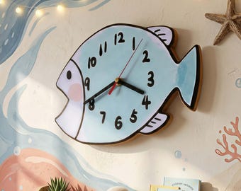 Fish Wall Clock: Silent Nursery Ocean Theme Decor, Hand-Drawn Sea Life Art