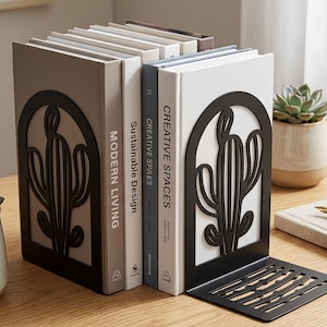 Cactus Metal Bookends, Black Plant Shelf Decor, L Shape Cutout Book Ends, Pair, 6.69in Tall