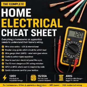 May include: A home electrical cheat sheet with the text "THE COMPLETE HOME ELECTRICAL CHEAT SHEET". The image includes a multimeter, electrical wires, and icons for voltage, breakers, and wire gauge. The sheet provides information for homeowners and electricians.