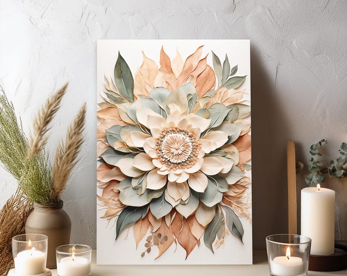 Featured listing image: Boho Bloom - Watercolor Botanical Mandala Canvas Print, Eucalyptus & Petals in Warm Neutral Tones, Modern Boho Wall Art