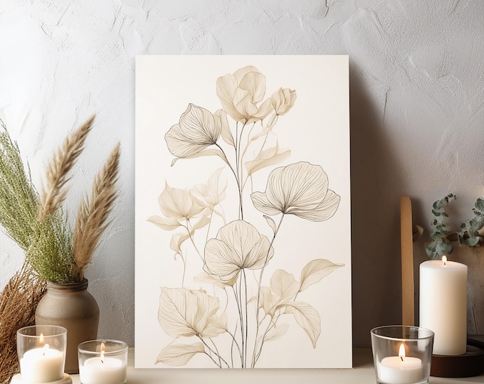 Featured listing image: Sable Stem - Neutral Botanical Line Art Print, Minimal Scandinavian Wall Decor, Elegant Cream Textured Canvas