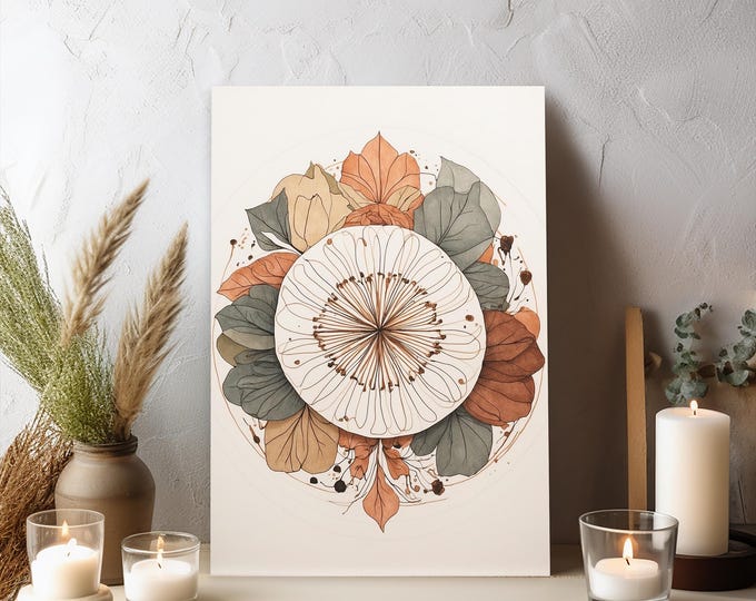 Featured listing image: Terra Mandala - Circular Botanical Line Art Mandala, Neutral Earth Tone Canvas Print, Minimal Modern Wall Art