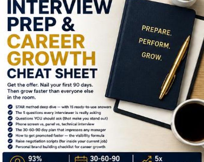 Interview Prep Career Growth Cheat Sheet | STAR Method, 30-60-90 Plan (PDF)