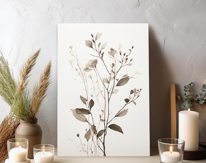 Featured listing image: Wabi Stem - Minimal Botanical Branch Sketch, Japanese Wabi-Sabi Inspired Wall Art, Neutral Beauty Canvas Print, Modern Organic Decor