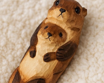 Wood Carving Otter Mother and Baby Figurine——Handcrafted Wooden Sculpture Ornament, Gift for Mother