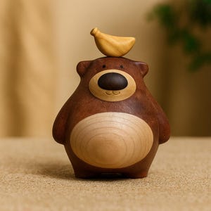 手彫りのバナナ付き木製クマ：天然木彫刻