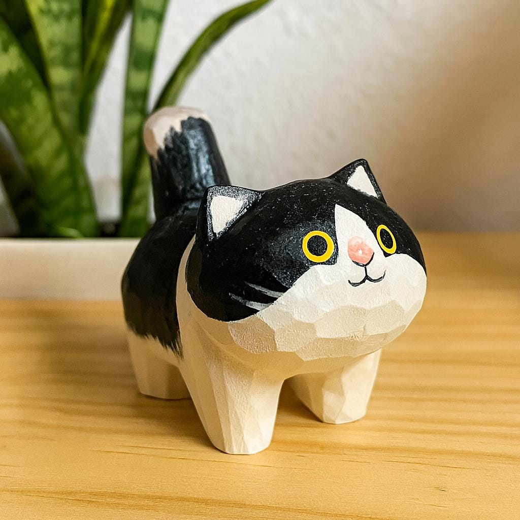 Hand-Carved Wood Cat Sculpture: Black and White Kitty Figurine