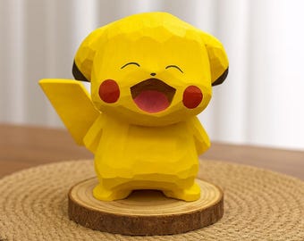 Handmade Wooden Laughing Pikachu Figurine, Carved Wood Sculpture, Home Decor