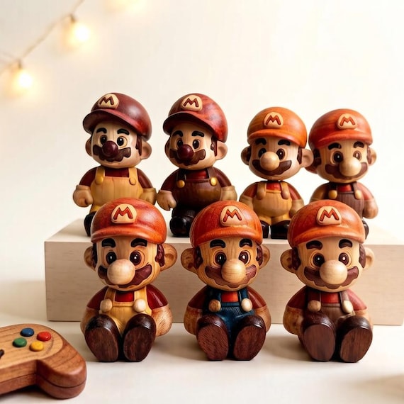 A handmade wooden retro game character built as a magnetic puzzle sculpture — part collectible, part fidget object, all nostalgia.