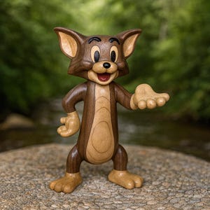 Op de afbeelding: Een houten beeldje van het stripfiguur Tom van Tom en Jerry. De figuur is voornamelijk bruin met lichtere bruinbeige accenten op de borst, oren, handen en voeten. De figuur staat op een rots met een vage groene achtergrond.