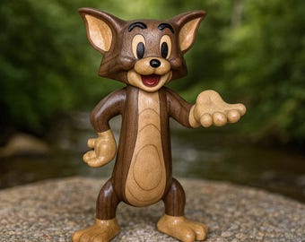 Handgemachte Holzkatze Figur: Cartoon Skulptur, Animation Sammlerstück