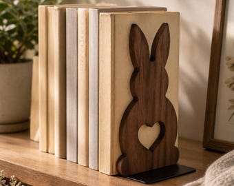Sujetalibros de conejito de madera hechos a mano, soporte para libros con forma de conejo, decoración para estanterías de guardería, decoración para estanterías infantiles, regalo de Pascua para amantes de los libros.