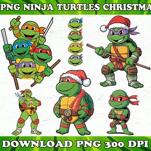 May include: A digital graphic featuring six Ninja Turtles in various poses. Some turtles wear Santa hats, and others hold weapons. The image includes the text "6 PNG NINJA TURTLES CHRISTMAS" and "DOWNLOAD PNG 300 DPI."
