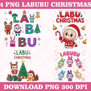 May include: A digital graphic design featuring four Christmas-themed illustrations. The designs include the text "LABUBU CHRISTMAS" with various cartoon characters, Christmas trees, and holiday elements. The image is labeled "DOWNLOAD PNG 300 DPI".