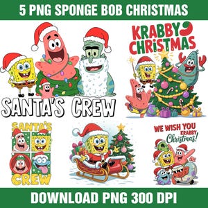 May include: A digital graphic featuring SpongeBob SquarePants characters in Christmas-themed designs. The image includes text that reads "SANTA'S CREW" and "KRABBY CHRISTMAS". The characters are wearing Santa hats and are decorated with Christmas lights.