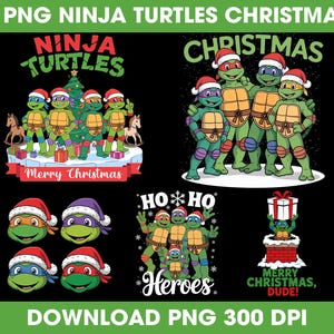 May include: A collection of five PNG images featuring the Teenage Mutant Ninja Turtles in Christmas-themed designs. The images include the turtles wearing Santa hats, with text that reads "Ninja Turtles", "Christmas", "Merry Christmas", "Ho Ho Heroes", and "Merry Christmas Dude!".