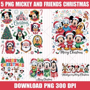 Peut inclure: Cinq images PNG avec Mickey Mouse et ses amis sur le thème de Noël. Les images présentent Mickey, Minnie, Donald, Dingo et Pluto, avec des éléments festifs comme le Père Noël, des arbres de Noël et des cannes en bonbon. Le texte comprend "Merry Christmas" et "Mickey's Very Merry Christmas".
