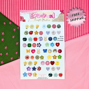 以下が含まれることがあります： 様々な色のボタンのデザインが施された「Busy Button Stickers」のシート。花、ハート、星、リンゴなど。シートには「Ethereal Craft Studio」と「Find Us Online」の文字が記載されています。背景はピンクと緑です。