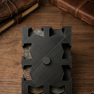 May include: A black, 3D-printed game token holder with a castle-like design. The holder contains several bronze-colored tokens with numerical values. The tokens are visible in the slots of the holder. The background includes leather-bound books on a wooden surface.
